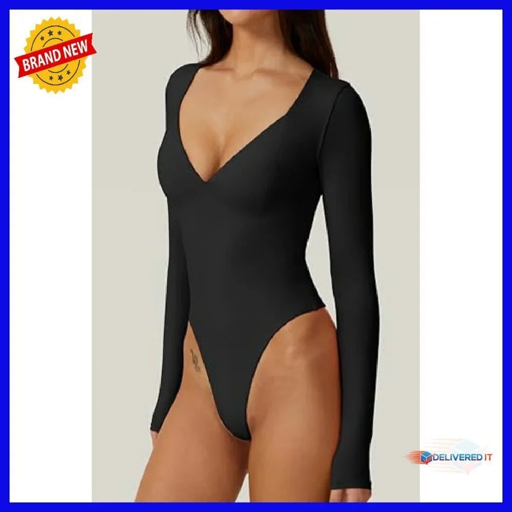 Long Sleeve V Neck Bodysuit Seamed Cup Sculpting Tops